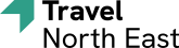 A green chevron pointing to the north-west on the top left, "Travel" written in a black and bold sans-serif font on the top right, and "North East" written in a black sans-serif font on the bottom right