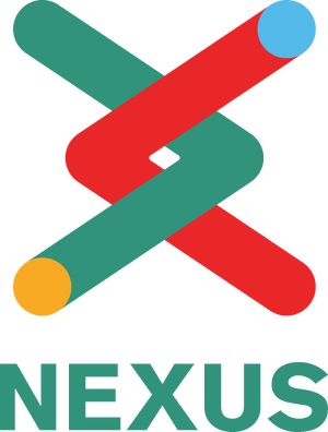 Nexus logo. On top: interwoven red and green lines, red line capped with a blue dot, green line capped with a yellow dot. On bottom: green text reading "NEXUS"