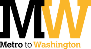Text in Calvert font. Large black M connected to a large yellow W to form "MW". "Metro to Washington" written below it, with the "Metro to" coloured black and the "Washington" coloured yellow.
