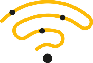 A yellow line winding back and forth to form the shape of a Wi-Fi symbol, with a large black dot at the base and three smaller black dots placed along the line.